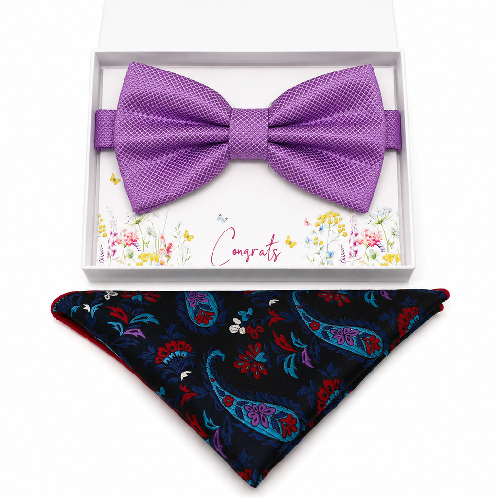 Lavender Paisley bow tie and pocket square set — handmade, pre-tied and adjustable