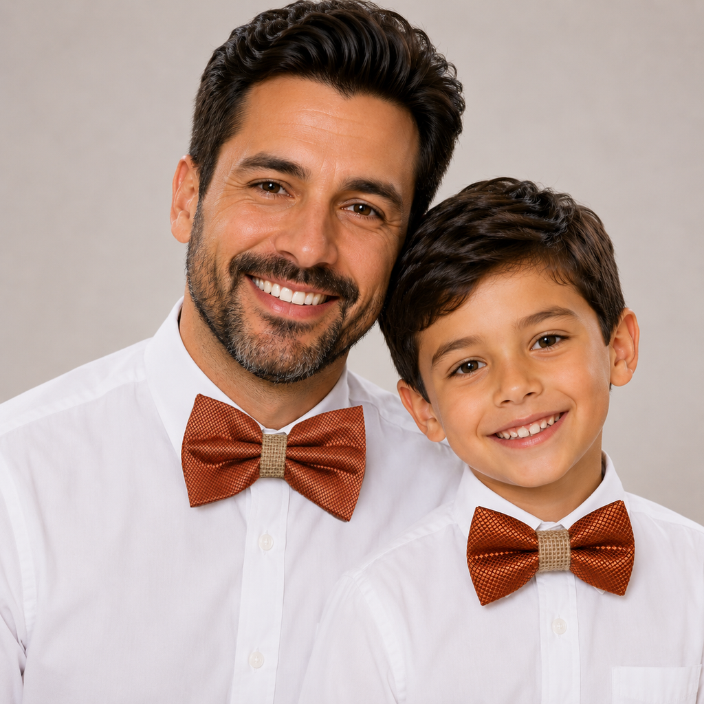Rust copper burlap Bow tie set for daddy and son Daddy me gift set Father son match Handmade kids bow Adjustable pre tied bow