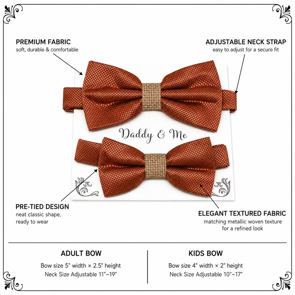 Rust copper burlap Bow tie set for daddy and son Daddy me gift set Father son match Handmade kids bow Adjustable pre tied bow