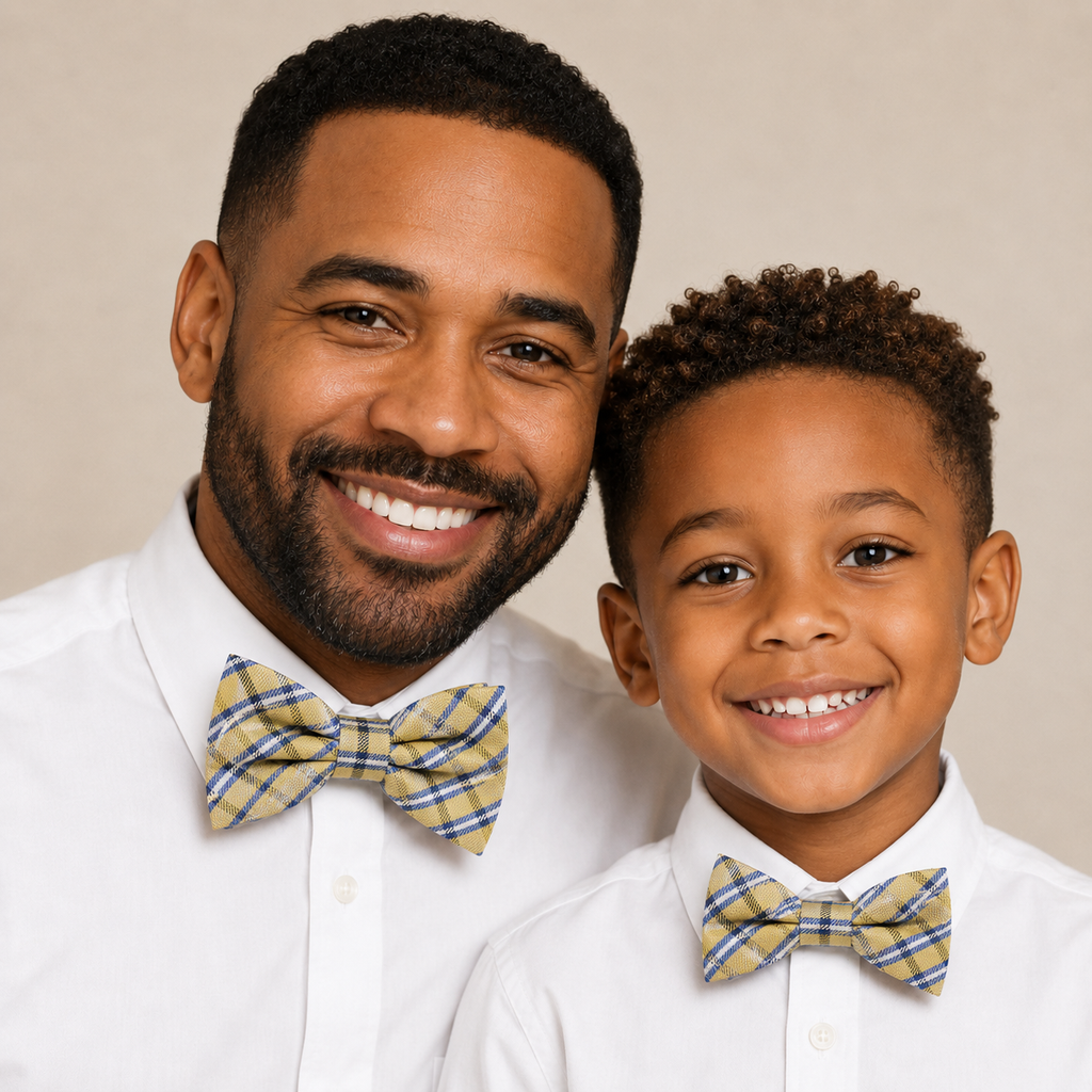 Yellow Navy plaid Bow tie set for daddy son Daddy me gift set Father son match daddy me, Handmade kids bow Adjustable pre tied, High quality