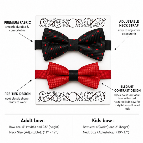 Black Red Bow tie set for daddy and son, Daddy me gift set, Grandpa gift, Father son match, Kids adult bow tie, Kids red bow, black red bow
