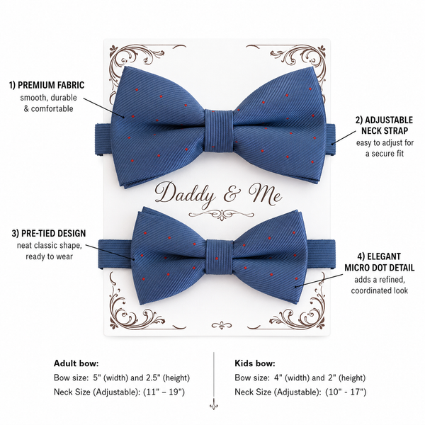 Blue red polka dots Bow tie set Kids Adult bow tie Daddy me Father son match, Country blue, kids bow Adjustable pre tied, High quality