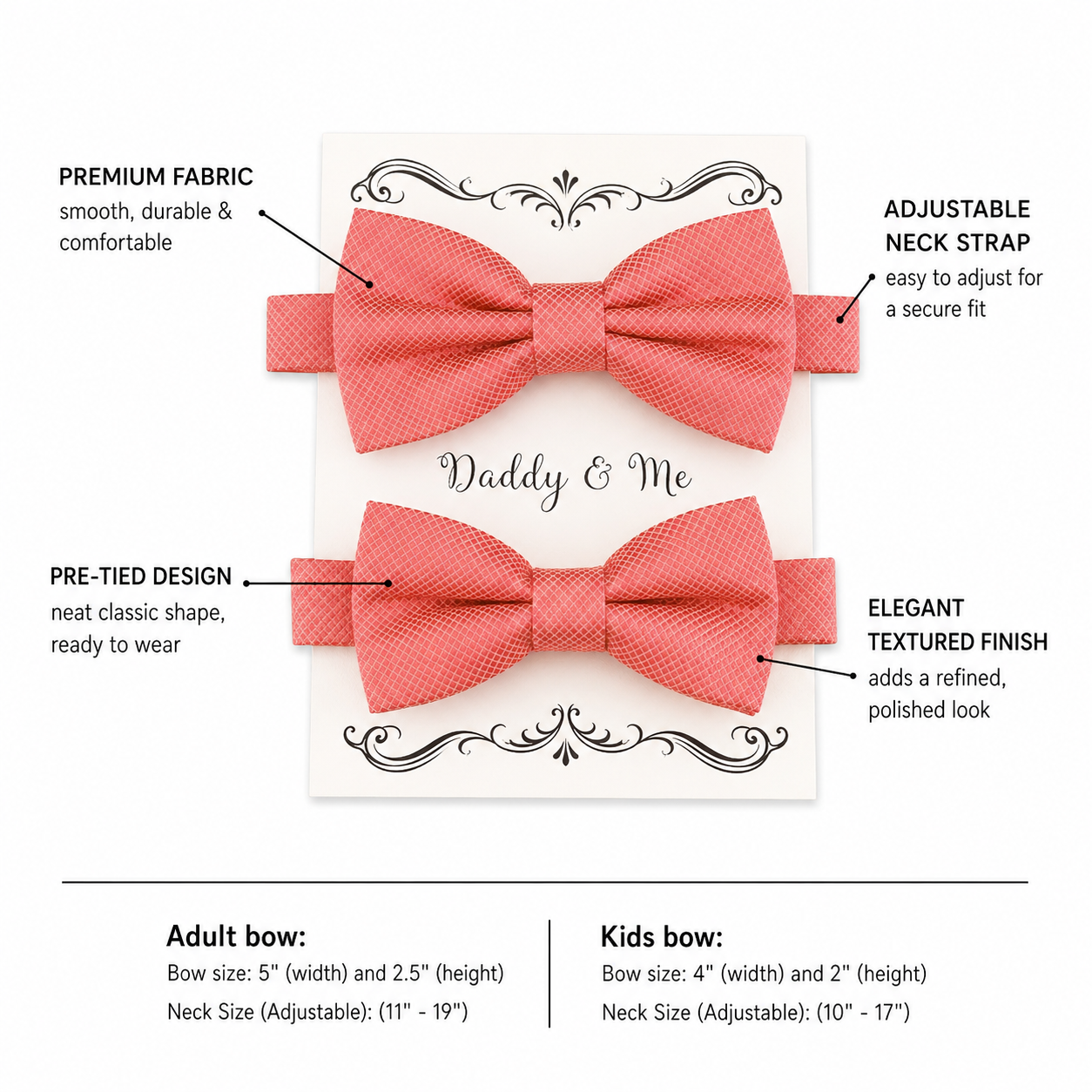 Coral blush Bow tie set for daddy and son, Daddy me gift set, Father son match daddy me bow Handmade Coral kids bow Adjustable pre tied bow