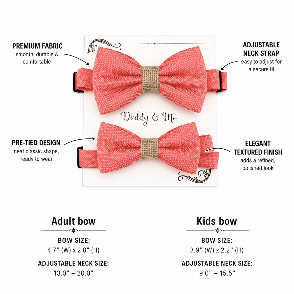 Coral burlap Bow tie set for daddy and son Daddy me gift set Father son match Handmade Coral kids bow Adjustable pre tied bow