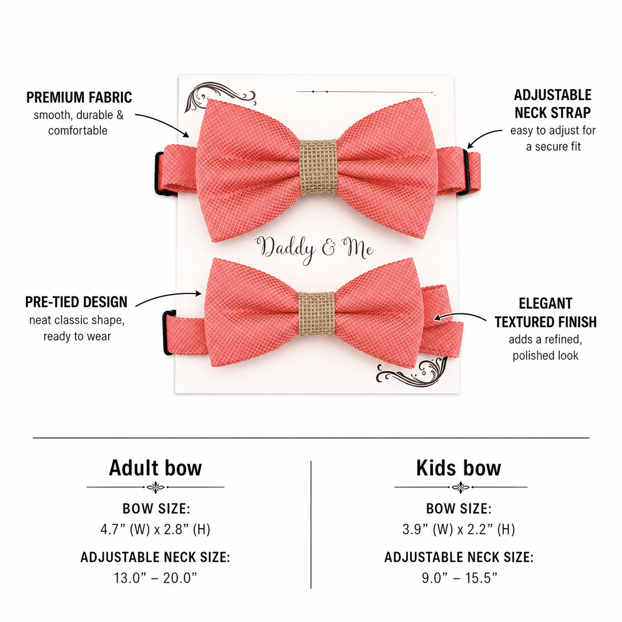 Coral burlap Bow tie set for daddy and son Daddy me gift set Father son match Handmade Coral kids bow Adjustable pre tied bow