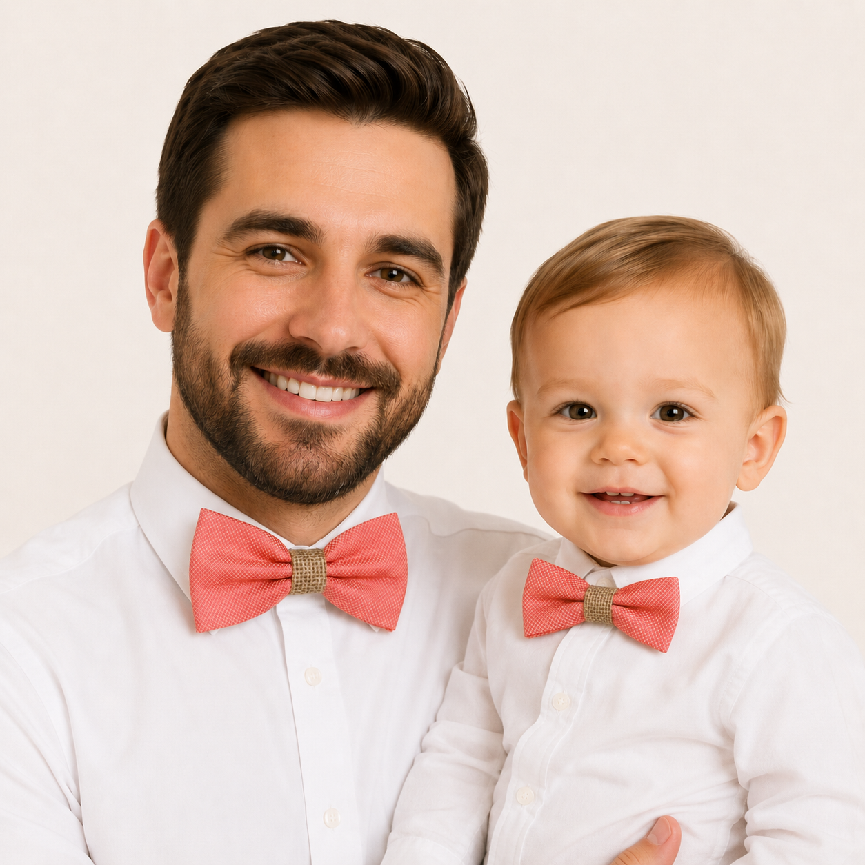 Coral burlap Bow tie set for daddy and son Daddy me gift set Father son match Handmade Coral kids bow Adjustable pre tied bow