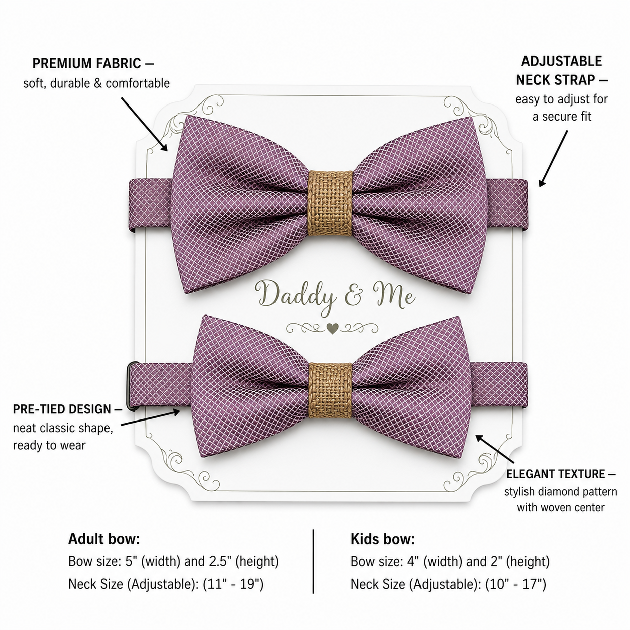 Dusty purple burlap Bow tie set for daddy and son, Daddy me gift set Grandpa and me Father son match bow Adjustable pre tied Handmade bow