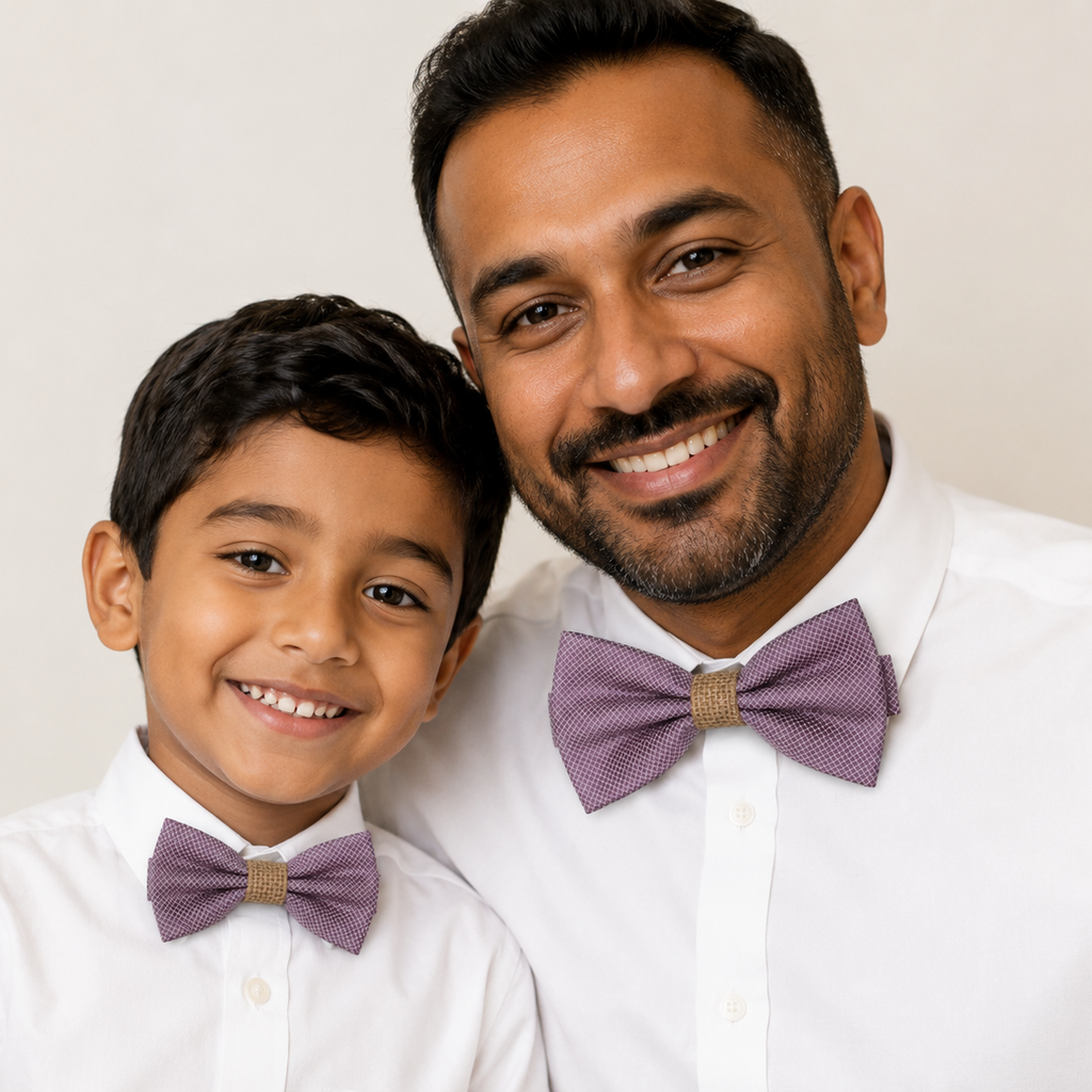 Dusty purple burlap Bow tie set for daddy and son, Daddy me gift set Grandpa and me Father son match bow Adjustable pre tied Handmade bow