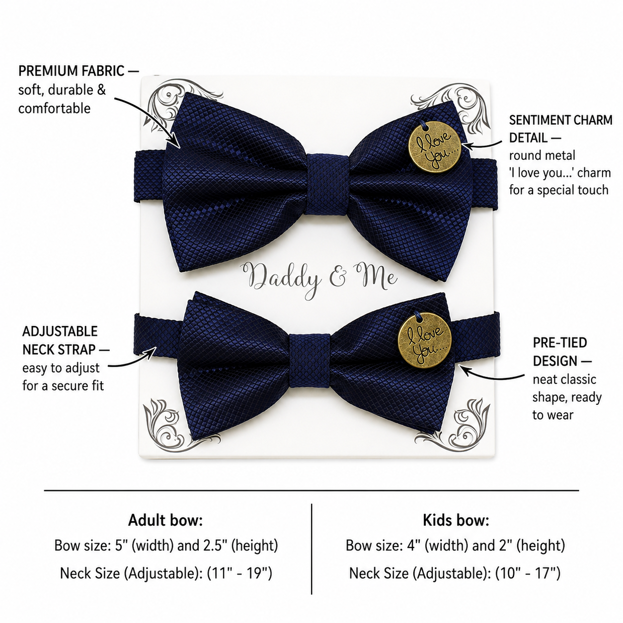 Navy Bow tie set for daddy and son, I love you charm, Daddy me gift set, Grandpa and me, Father son match, Toddler kids bow, Some thing blue