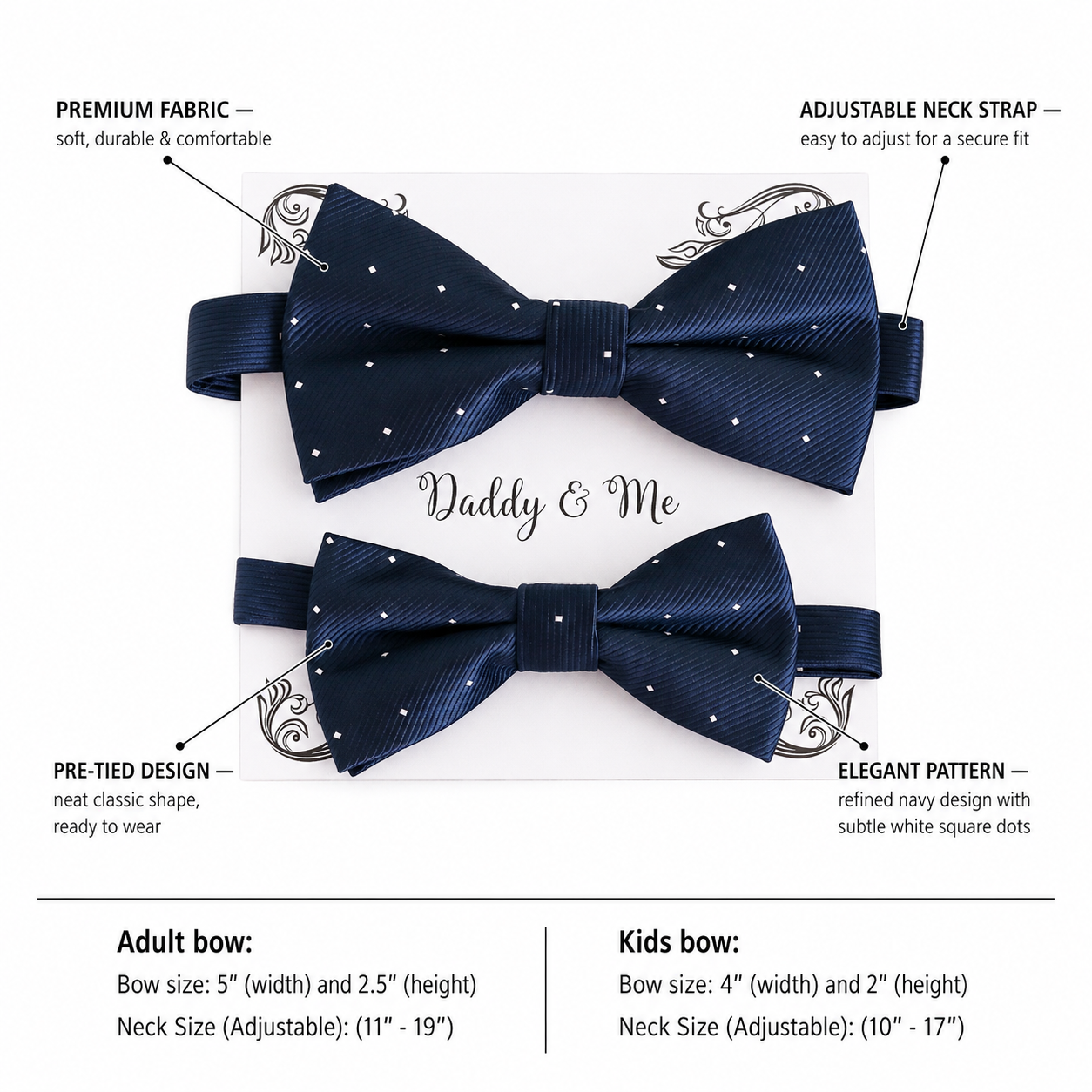 Navy Bow tie set for daddy son Daddy me gift set Father son match daddy me bow Handmade kids bow Adjustable pre tied bow, High quality