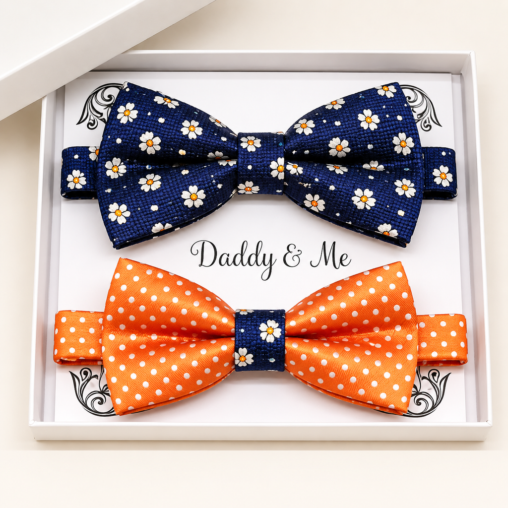 Navy orange Bow tie set for daddy and son, Daddy me gift set, Grandpa and me, Father son matching, Toddler bow tie, daddy me bow tie gift