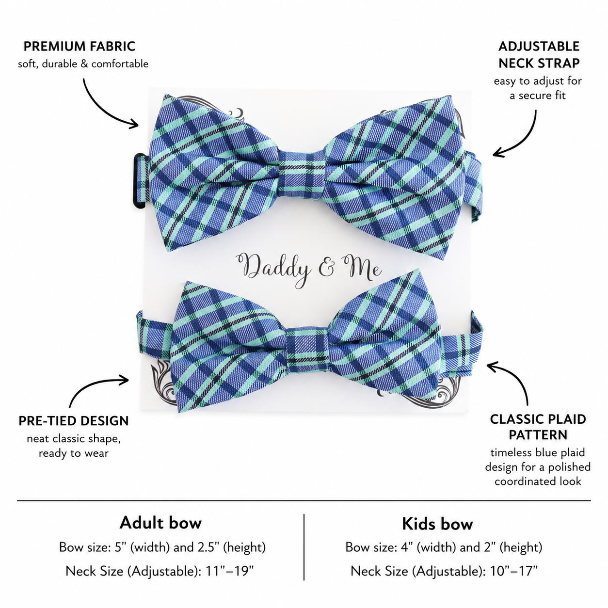 Navy plaid Bow tie set for daddy son Daddy me gift set Father son match daddy me bow Handmade kids bow Adjustable pre tied bow, High quality