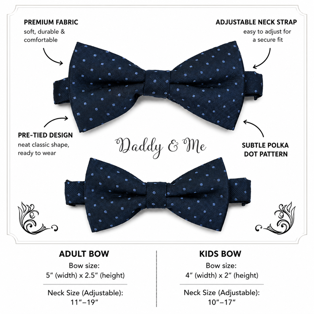 Navy polka dots Bow tie set Kids Adult bow tie Daddy me Father son match, Navy blue kids bow Adjustable pre tied, High quality