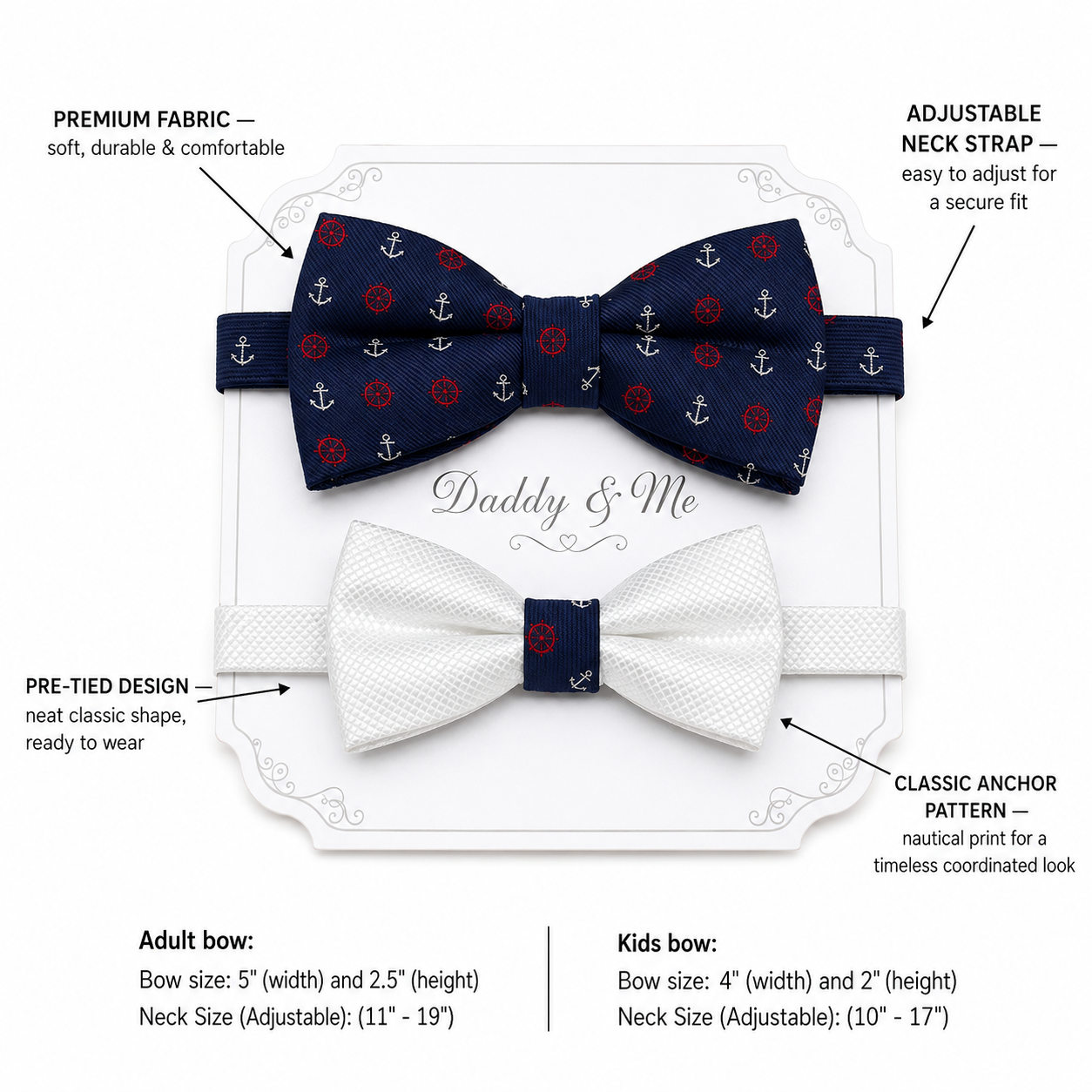 Navy anchor bow tie set for daddy son, Daddy me gift set, White kids bow tie , Father son match, beach wedding, handmade, some thing blue