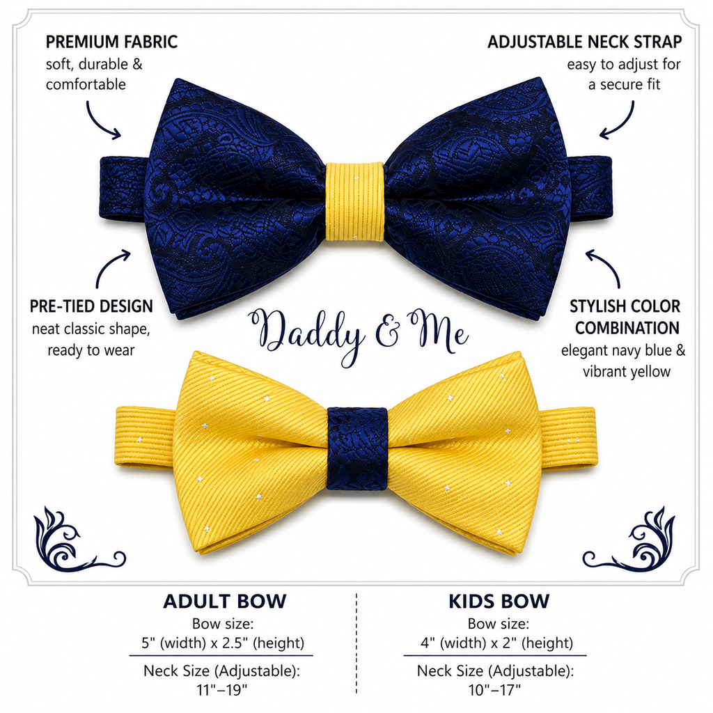 Paisley Navy and Yellow Bow tie set for daddy and son, Paisley bow tie, Daddy me gift set, Father son match, Yellow kids bow, Daddy and me