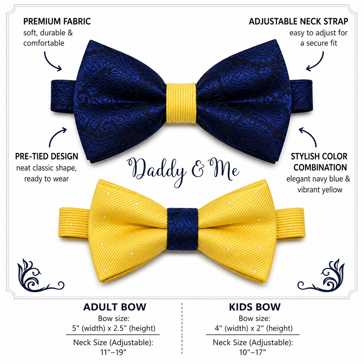 Paisley Navy and Yellow Bow tie set for daddy and son, Paisley bow tie, Daddy me gift set, Father son match, Yellow kids bow, Daddy and me