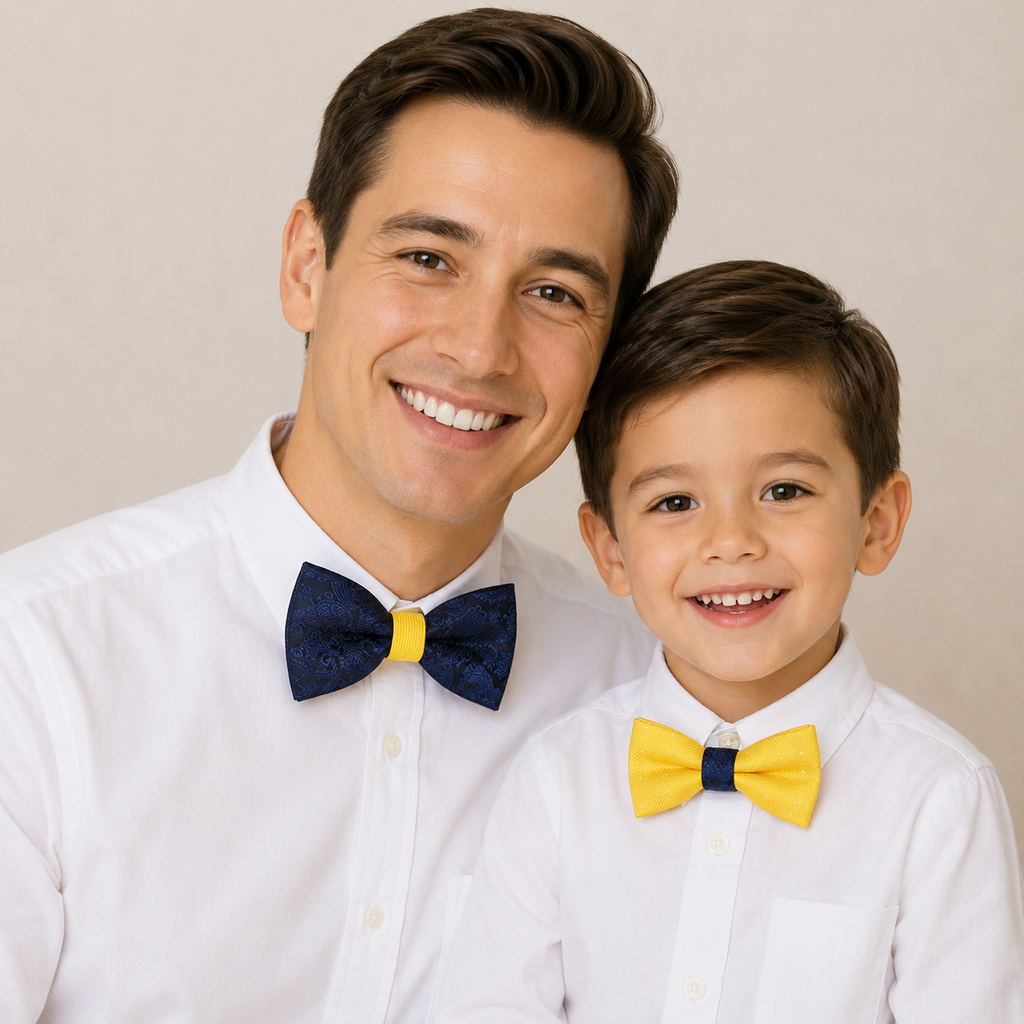 Paisley Navy and Yellow Bow tie set for daddy and son, Paisley bow tie, Daddy me gift set, Father son match, Yellow kids bow, Daddy and me