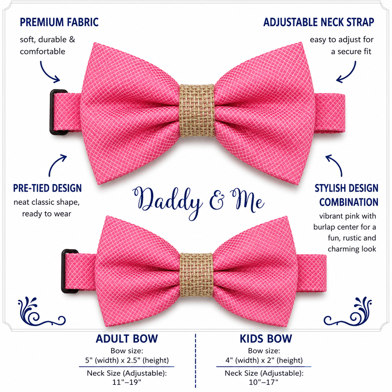 Pink burlap Bow tie set for daddy and son Daddy me gift set Father son match Handmade Pink kids bow Adjustable pre tied bow