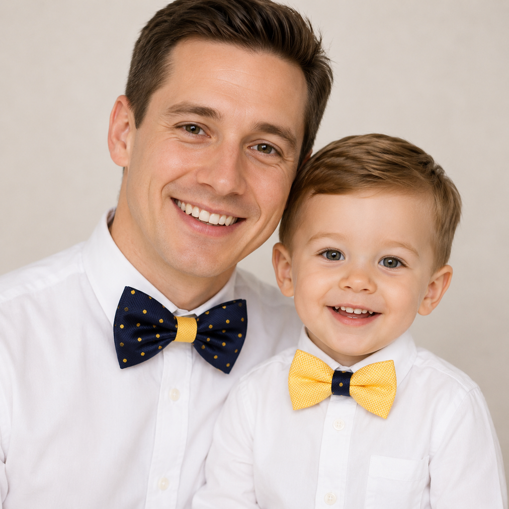 Navy Yellow bow tie set for daddy and son, Daddy and me gift set, Grandpa and me, Father son match, Yellow bow tie for kids, handmade bow