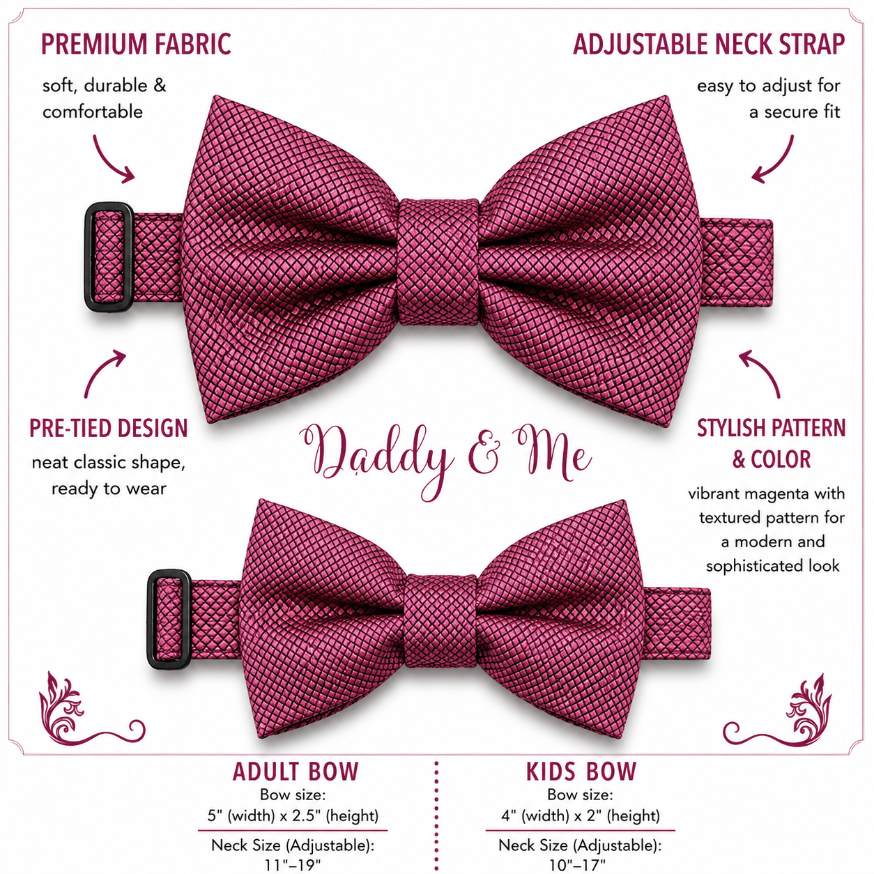 Raspberry rose Bow tie set for daddy and son, Daddy me gift set, Grandpa and me, Father son matching bow Adjustable pre tied bow Handmade
