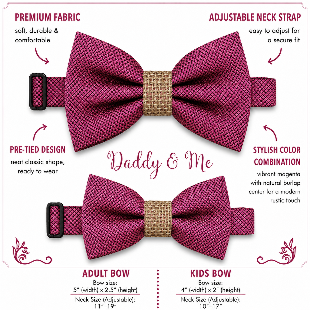 Raspberry rose burlap Bow tie set for daddy and son Daddy me gift set Father son match Handmade Lilac kids bow Adjustable pre tied bow