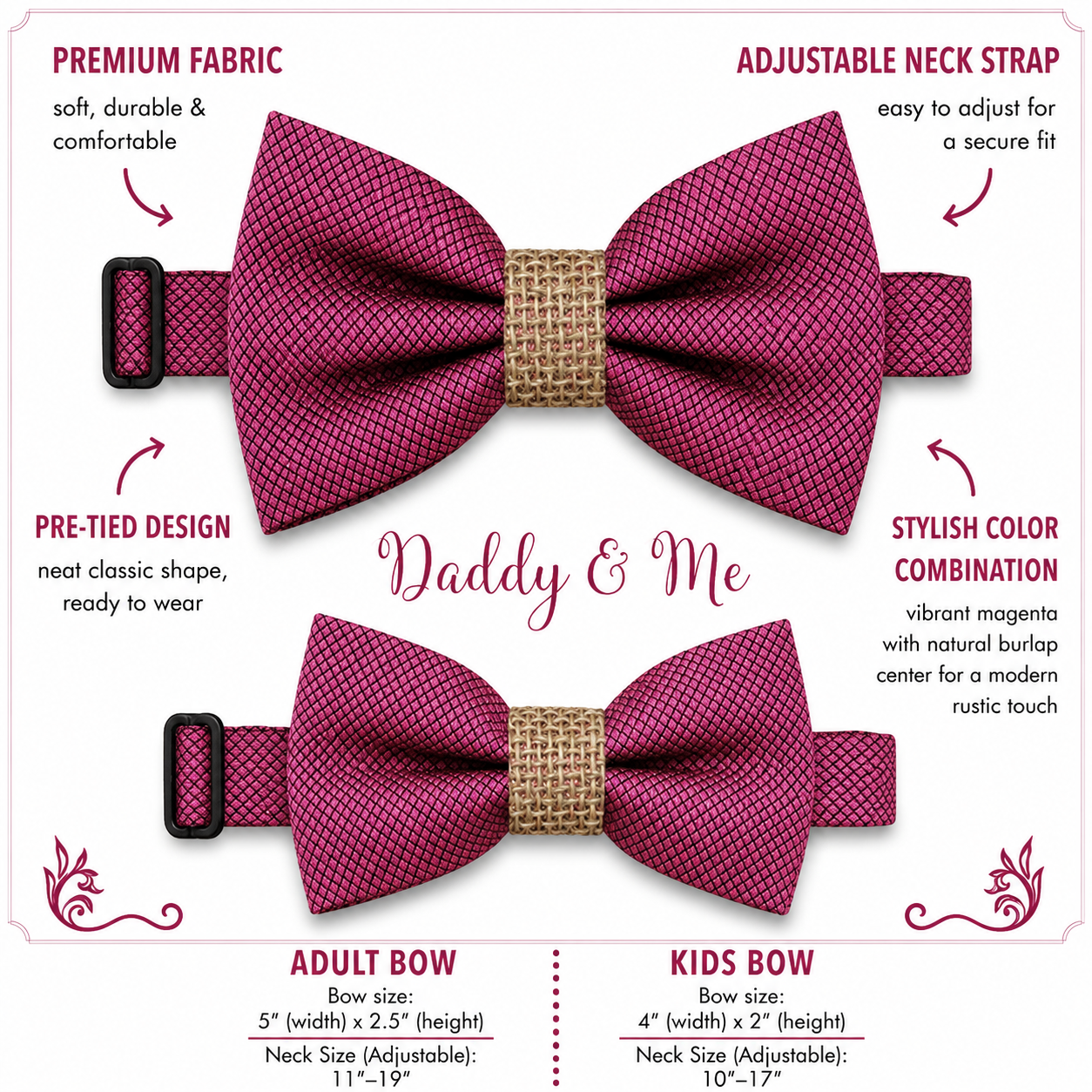 Raspberry rose burlap Bow tie set for daddy and son Daddy me gift set Father son match Handmade Lilac kids bow Adjustable pre tied bow