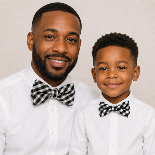 Plaid Black White boys bow tie for kids — handmade, pre-tied and adjustable