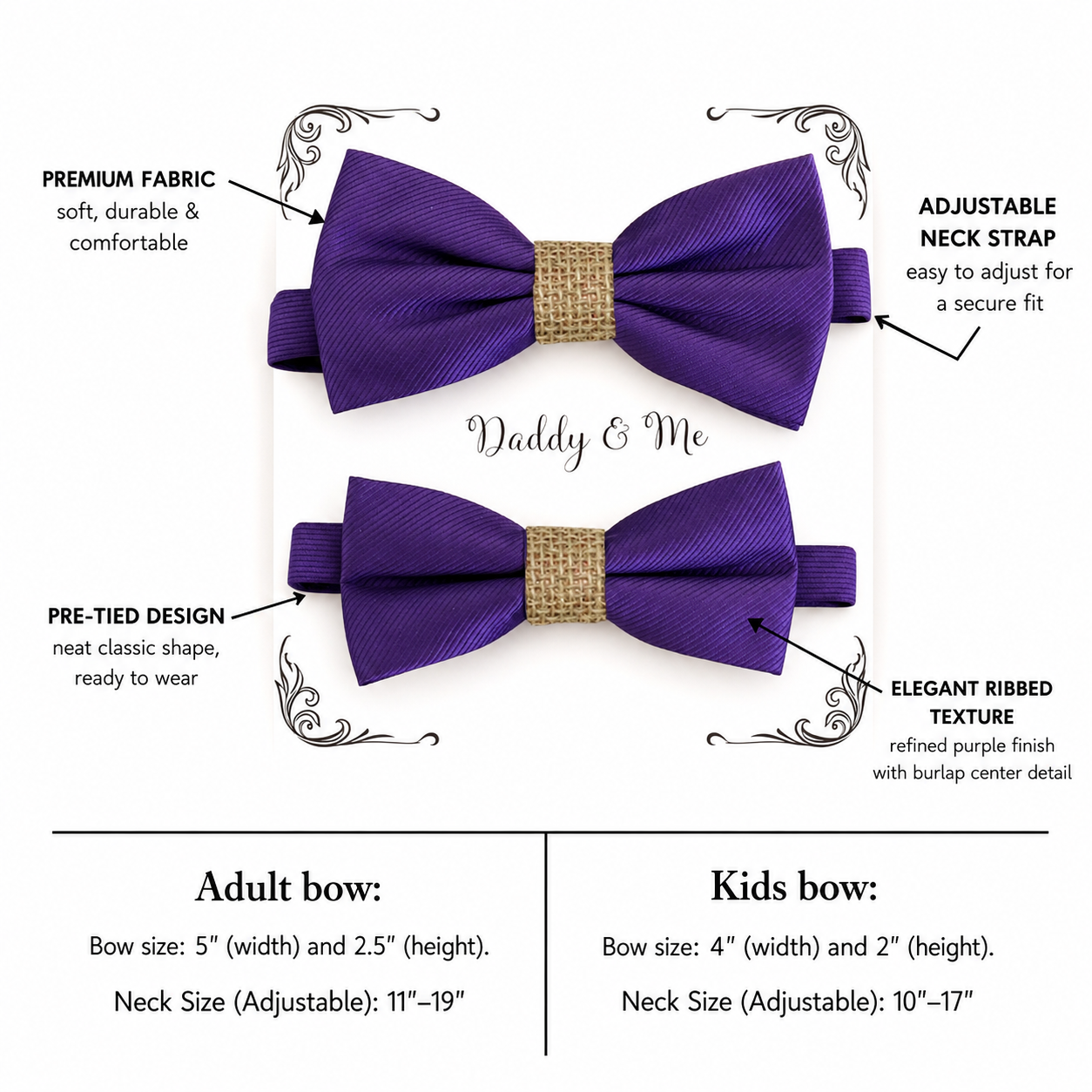 Purple Bow tie set daddy son, Daddy and me gift, Grandpa and me, Father son matching, Kids bow tie, Kids adult bow tie, High quality burlap bow
