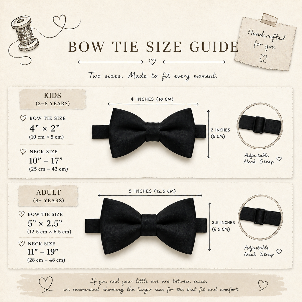Bow tie size guide — Kids (2-8Y) and Adult (8+) sizes