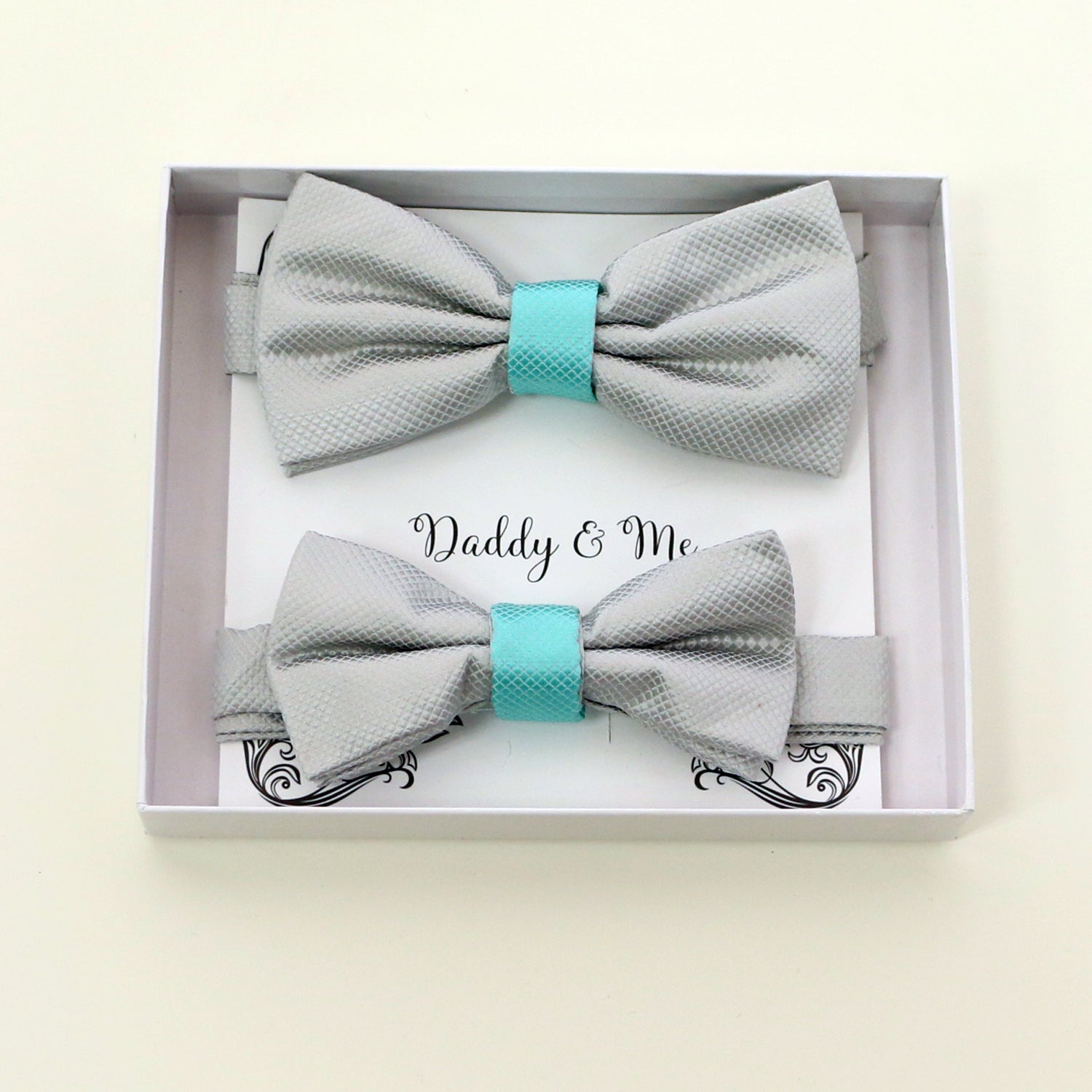 Gray and turquoise Bow tie set for daddy and son, Daddy me gift set, Father son matching, daddy me bow, handmade Gray blue bow tie for kids