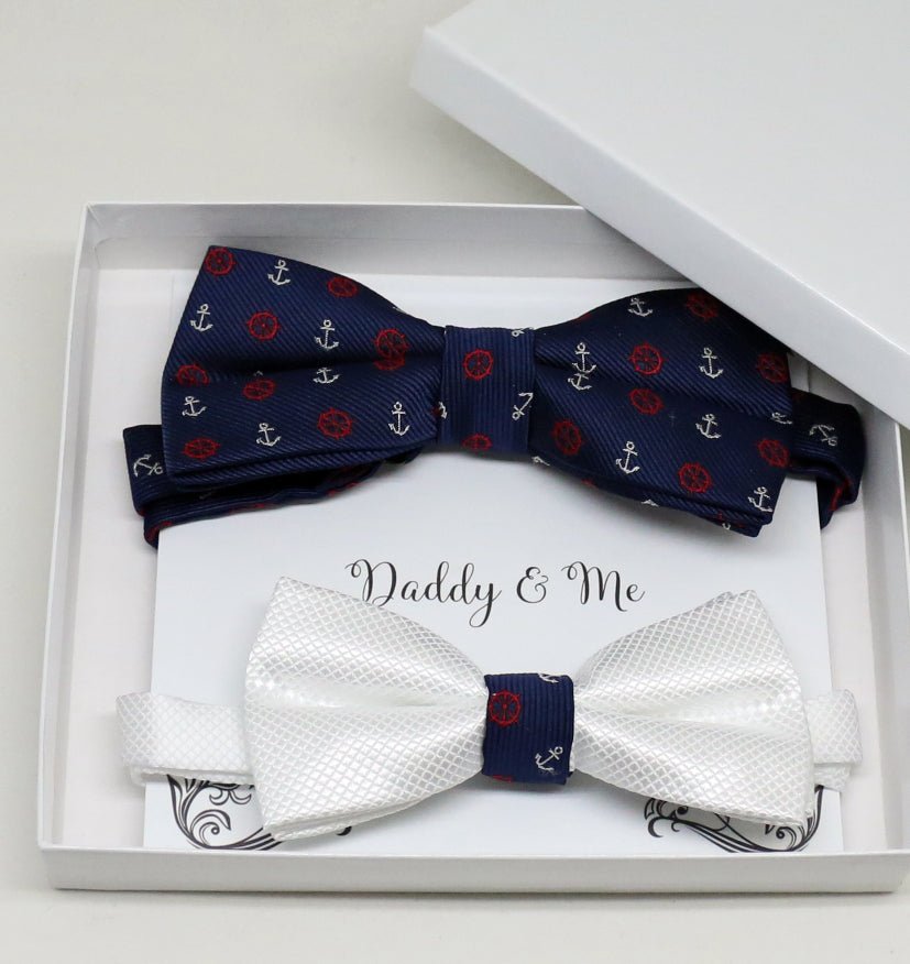 Navy anchor bow tie set for daddy son, Daddy me gift set, White kids bow tie , Father son match, beach wedding, handmade, some thing blue