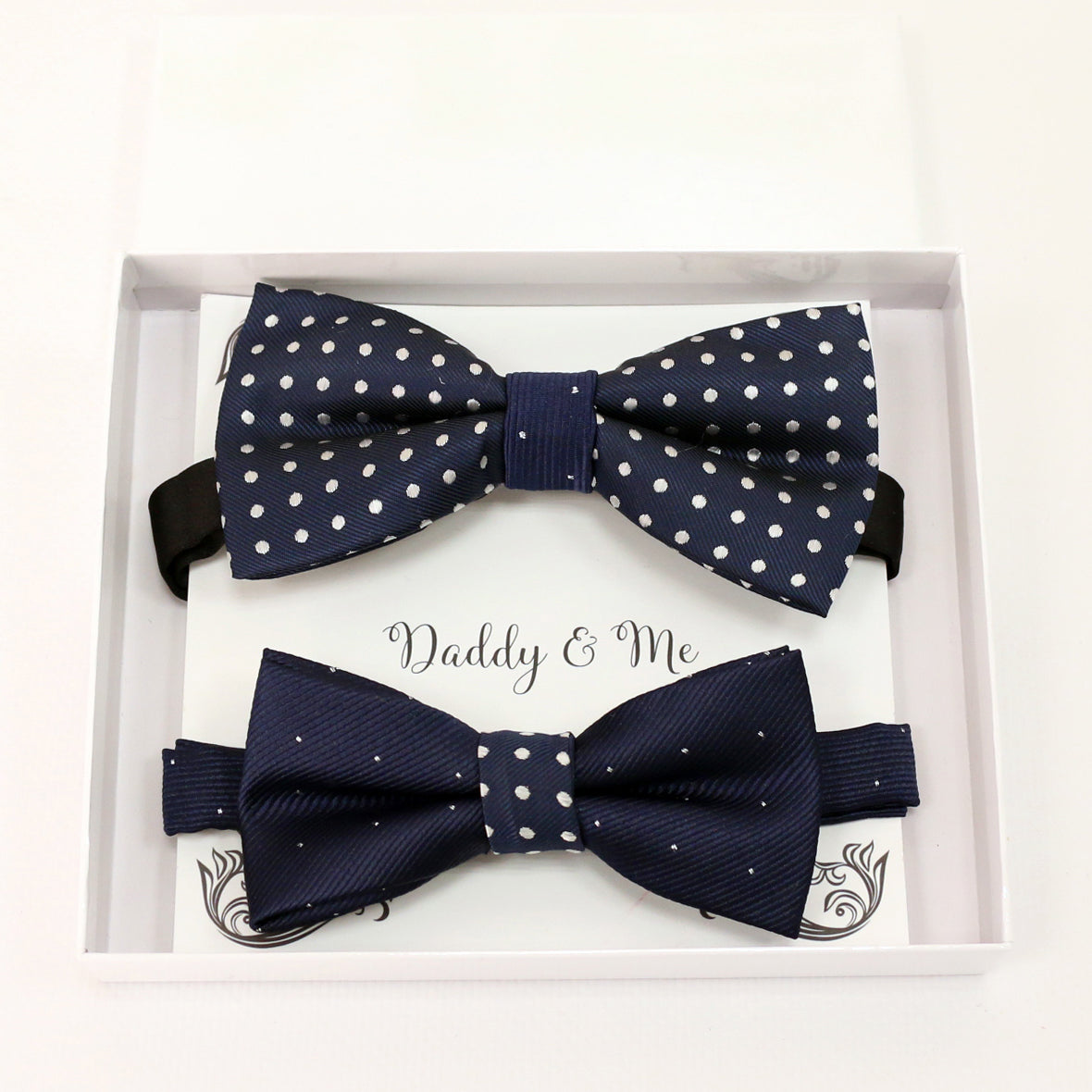 Navy polka dots bow tie set for daddy and son, Daddy and me gift set, Grandpa and me, Father son match, Navy bow tie for kids, handmade bow