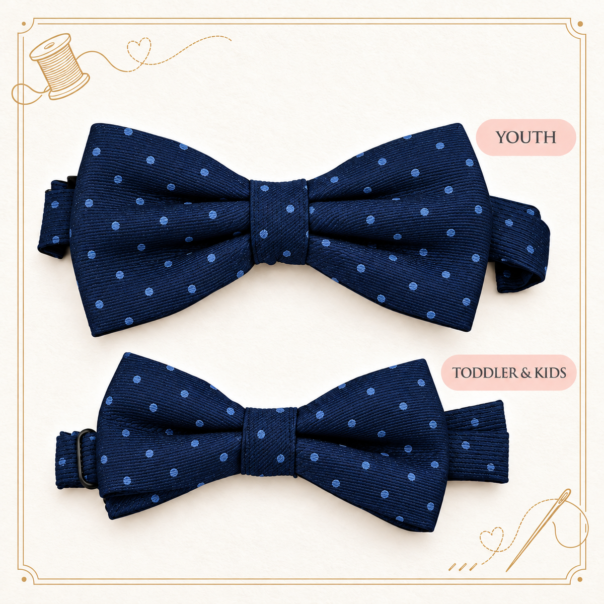 Navy Polka Dots Boys Bow Tie – Handmade Pre-Tied Bow Tie for Toddlers & Youth