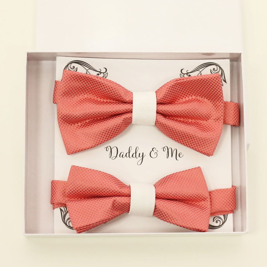 Coral and white bow tie set for daddy and son, Daddy and me gift set, Grandpa and me, Father son matching bow, Coral bow tie for kids