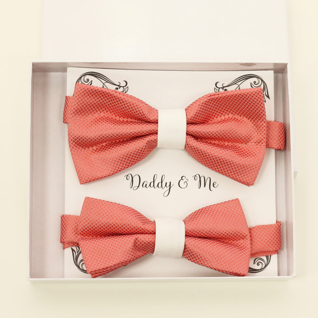 Coral and white bow tie set for daddy and son, Daddy and me gift set, Grandpa and me, Father son matching bow, Coral bow tie for kids