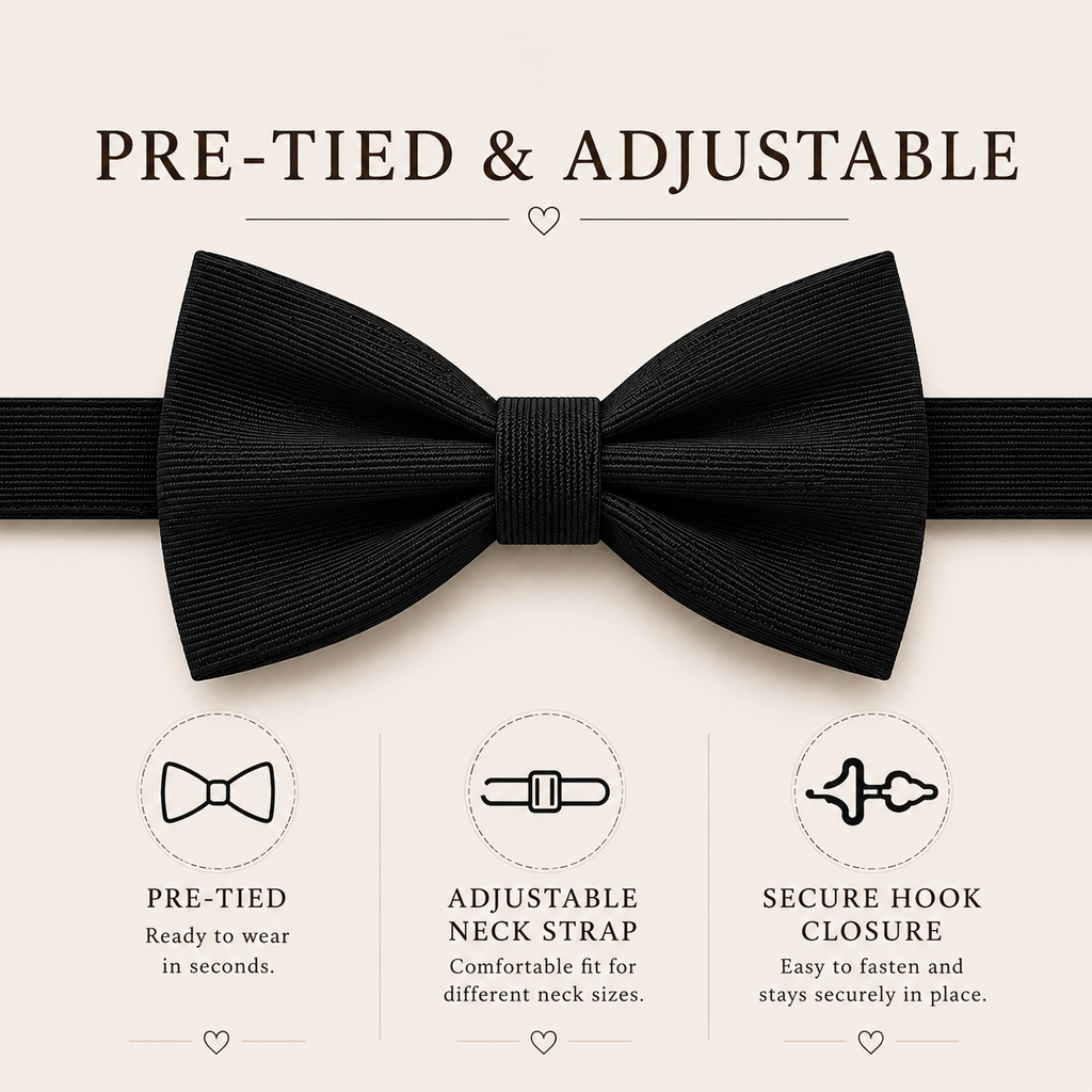 Pre-tied bow tie with adjustable neck strap and secure hook closure