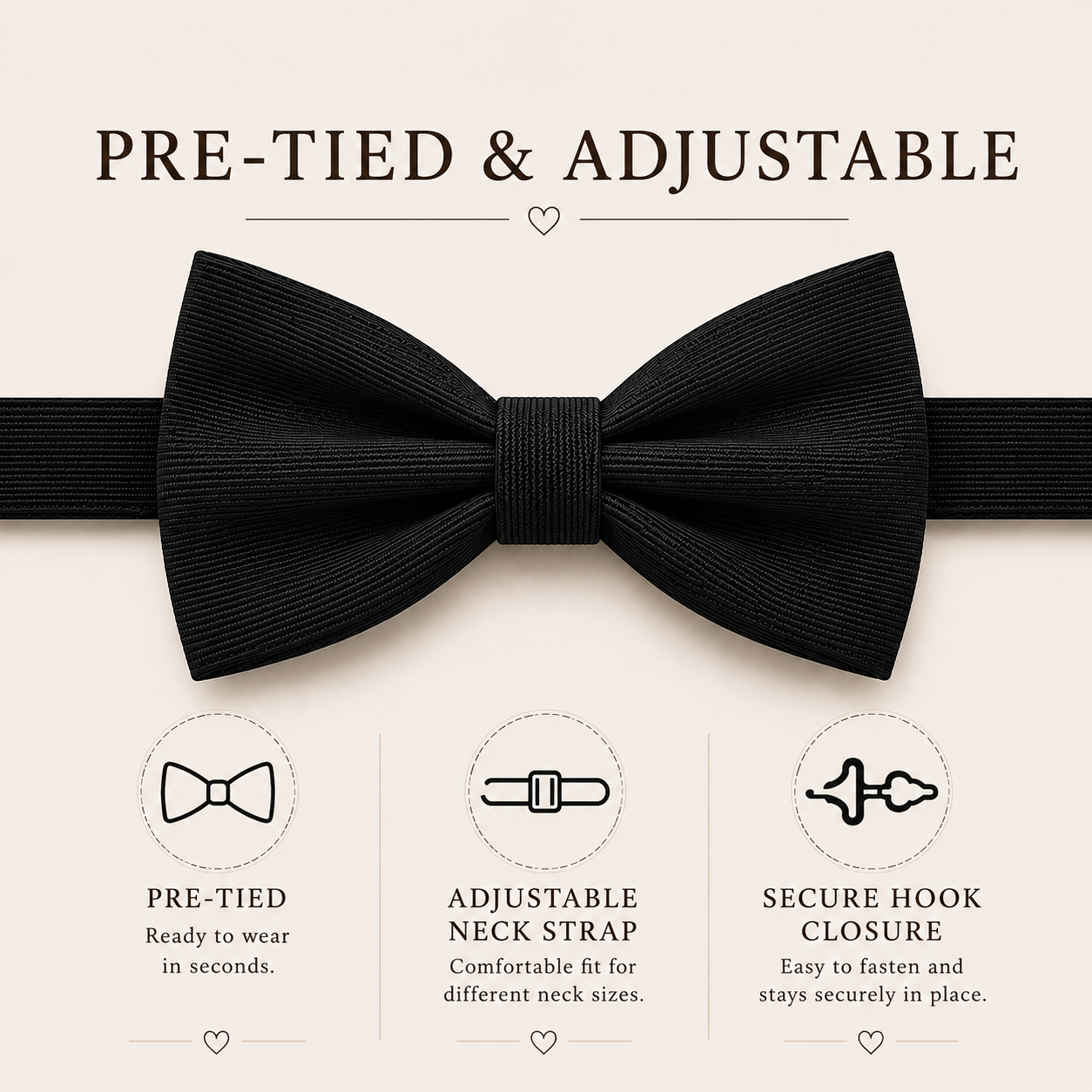 Pre-tied bow tie with adjustable neck strap and secure hook closure