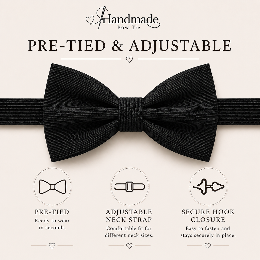 Pre-tied bow tie with adjustable neck strap and secure hook closure