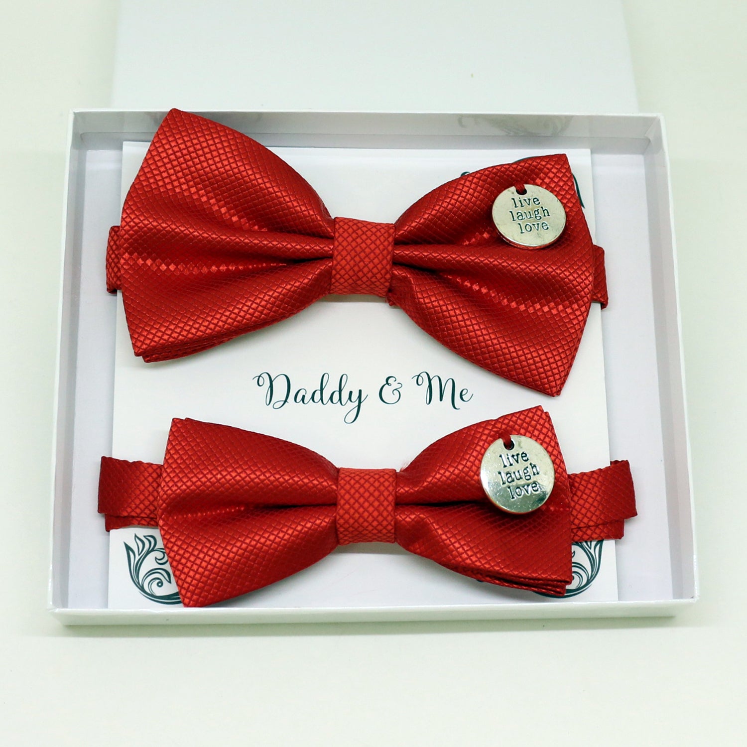 Red Bow tie set for daddy and son, Live Love laugh, handmade Daddy and me gift, Grandpa gift, Father son bow, Red kids bow, Handmade red bow