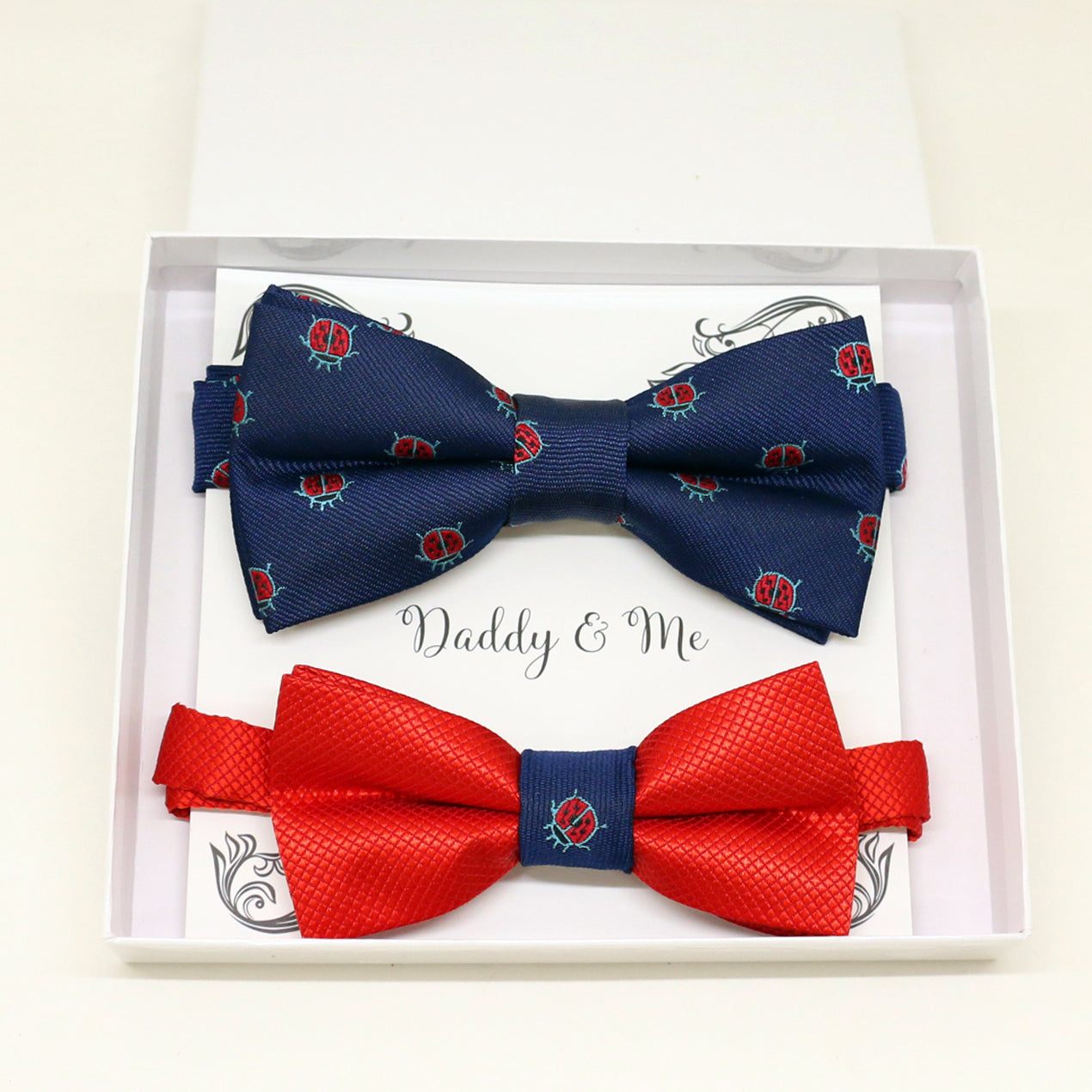 Navy Red Bow tie set for daddy and son, Daddy me gift, Ladybug, lucky bow tie, Father son match, Red kids bow, Grandpa gift, handmade