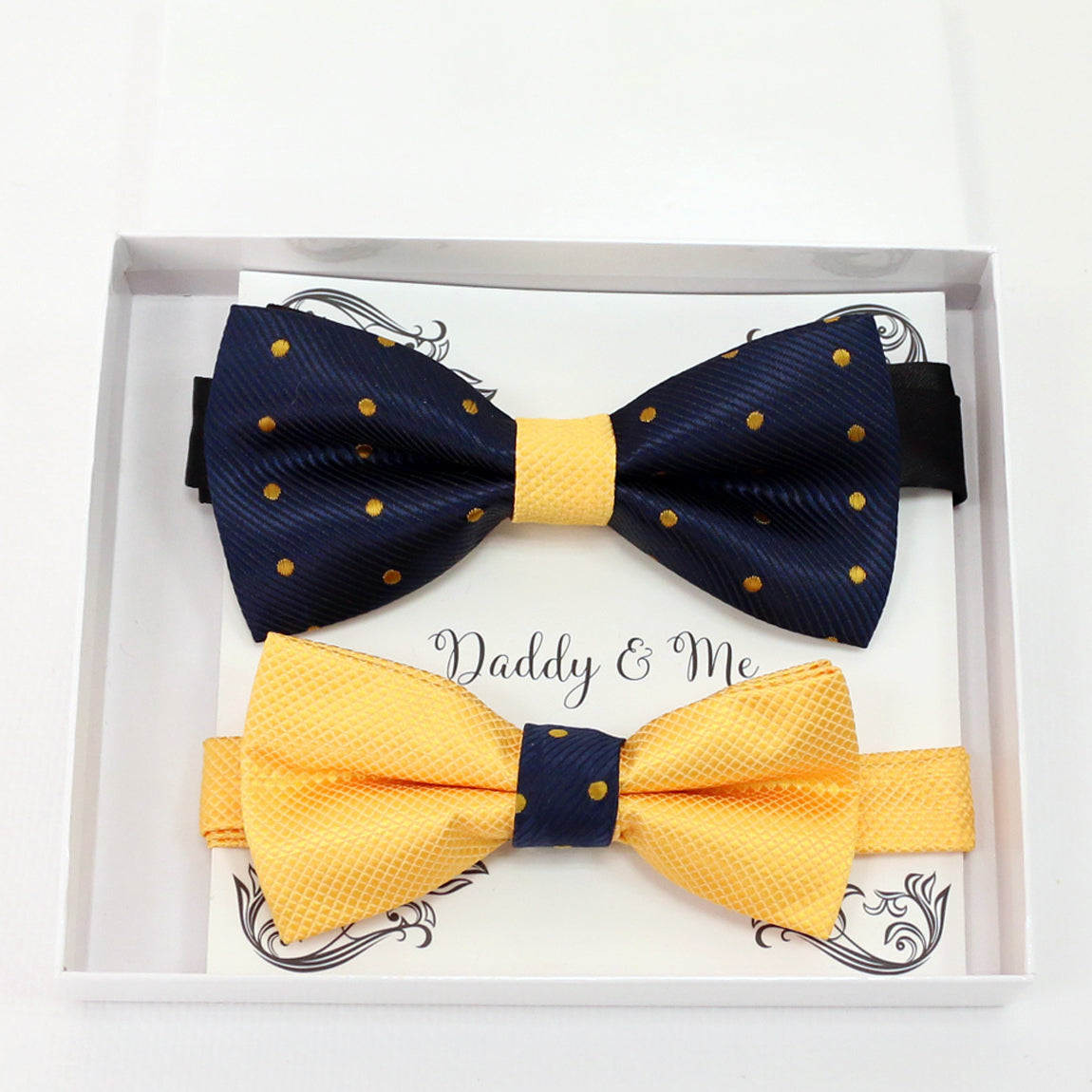 Navy Yellow bow tie set for daddy and son, Daddy and me gift set, Grandpa and me, Father son match, Yellow bow tie for kids, handmade bow