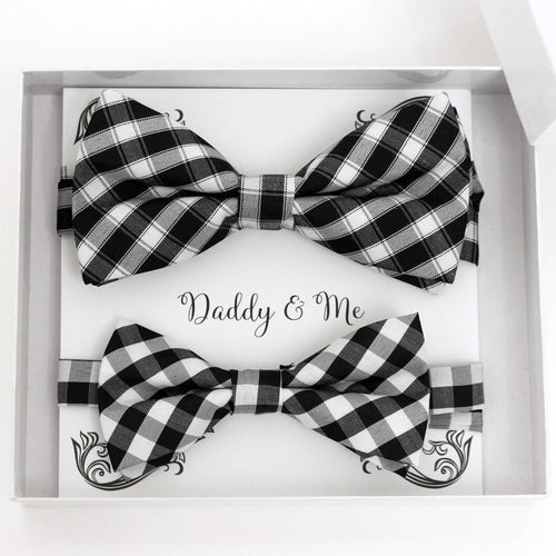 Plaid Black White boys bow tie for kids — handmade, pre-tied and adjustable