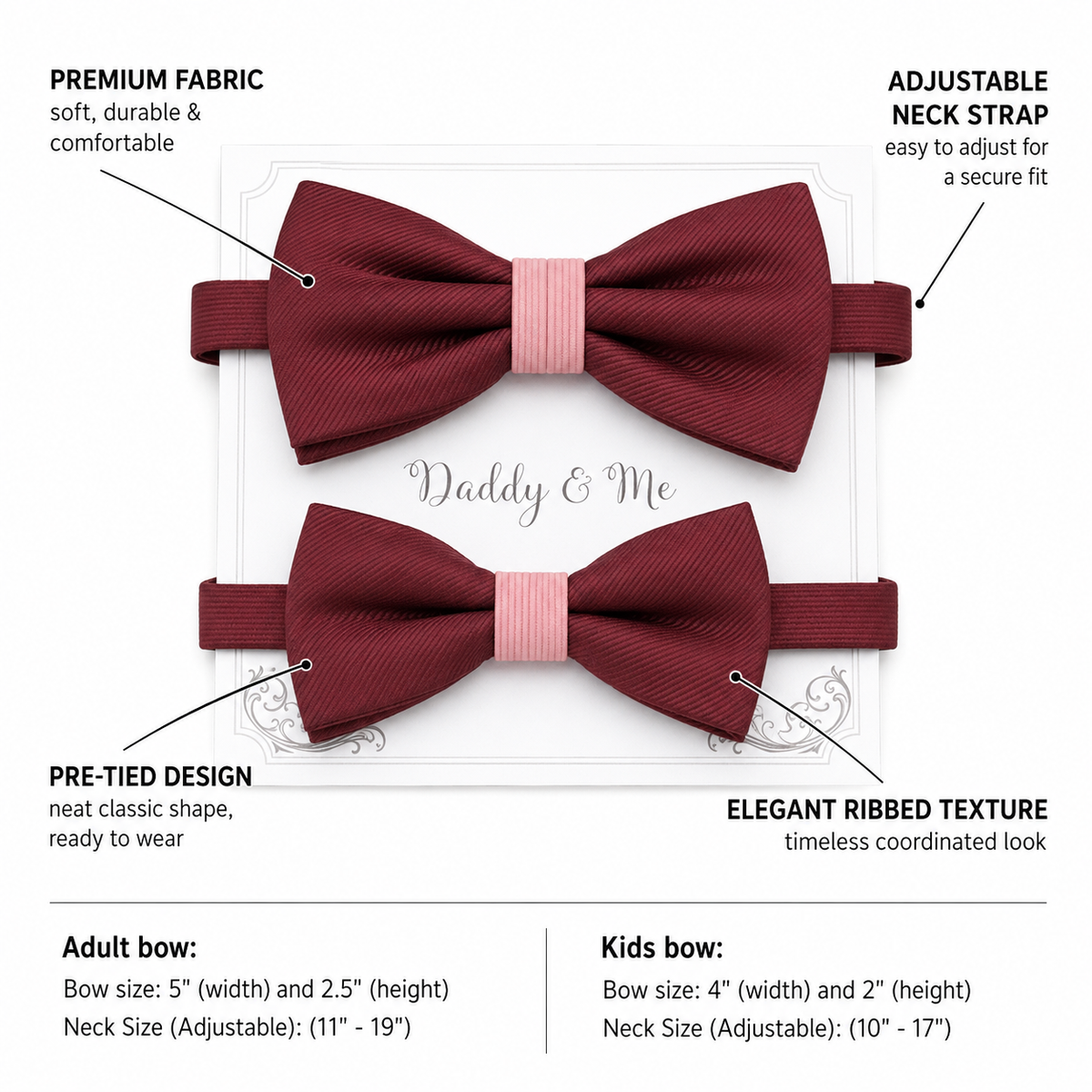 Handmade burgundy and blush daddy and me bow ties — adult and kids sizes