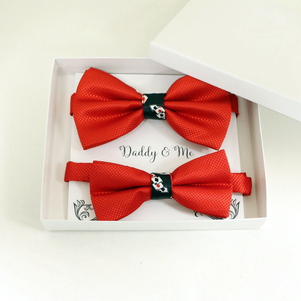 Red Bow tie set for daddy and son, Daddy and me gift set, Grandpa and me, Father son matching, Toddler bow, daddy me bow tie, Playing card