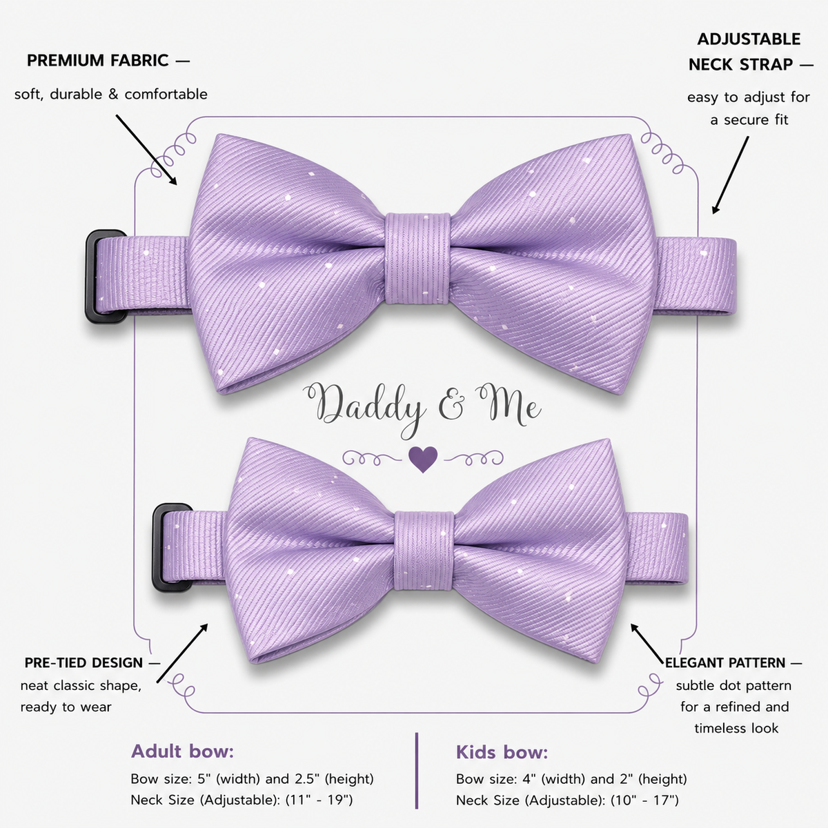 Lilac Polka Dots daddy and me bow ties — adult and kids sizes
