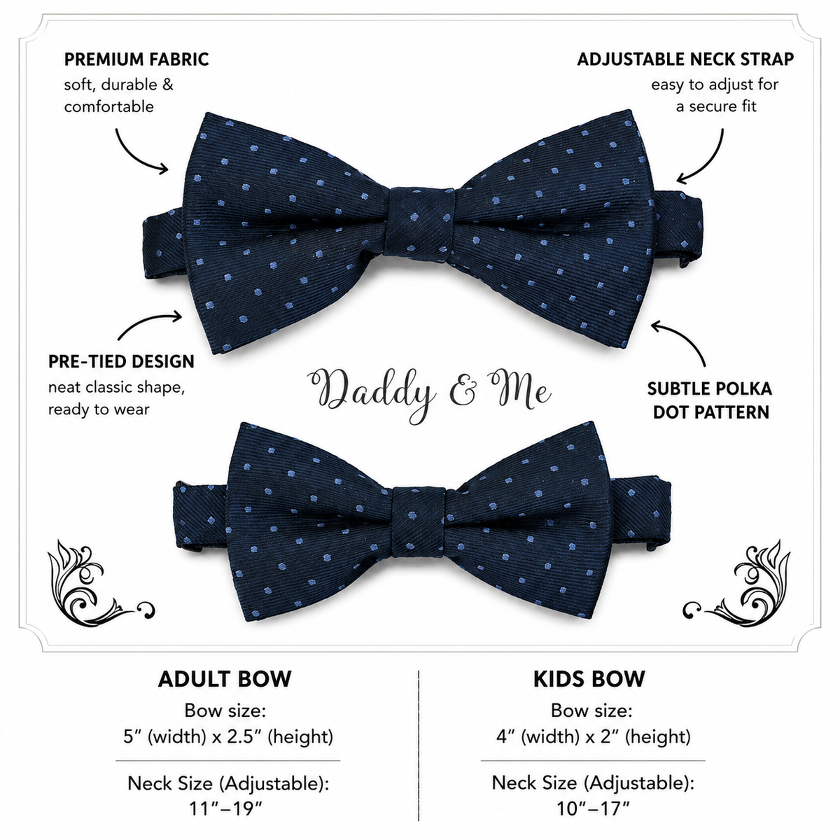 Navy Blue Polka Dots daddy and me bow ties — adult and kids sizes