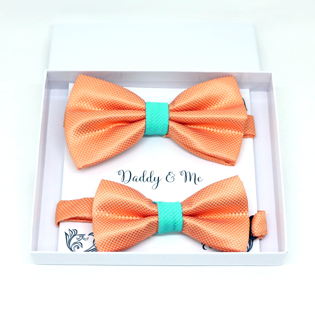 Orange turquoise Bow tie set for daddy and son, Daddy and me bow tie gift set, Grandpa me, Orange turquoise Kids bow, Orange and turquoise