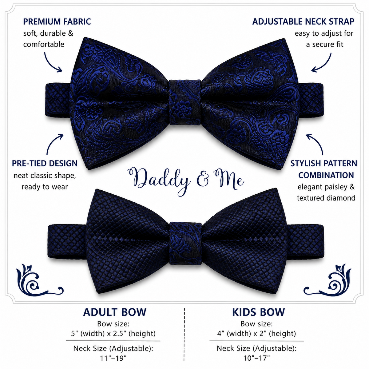 Paisley Navy daddy and me bow ties — adult and kids sizes