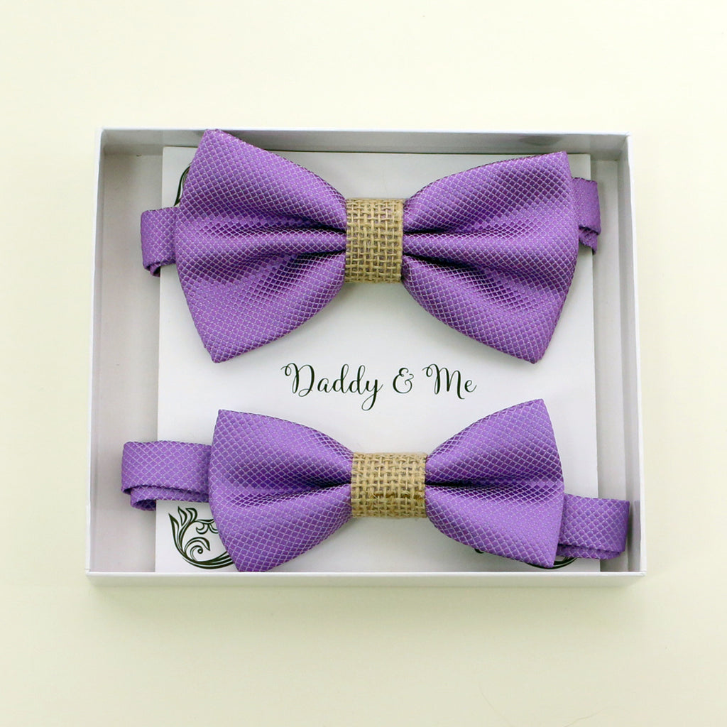 Lavender burlap Bow tie set for daddy and son, Daddy me gift set, Grandpa and me, Father son match, lavender bow for kids bow tie, handmade