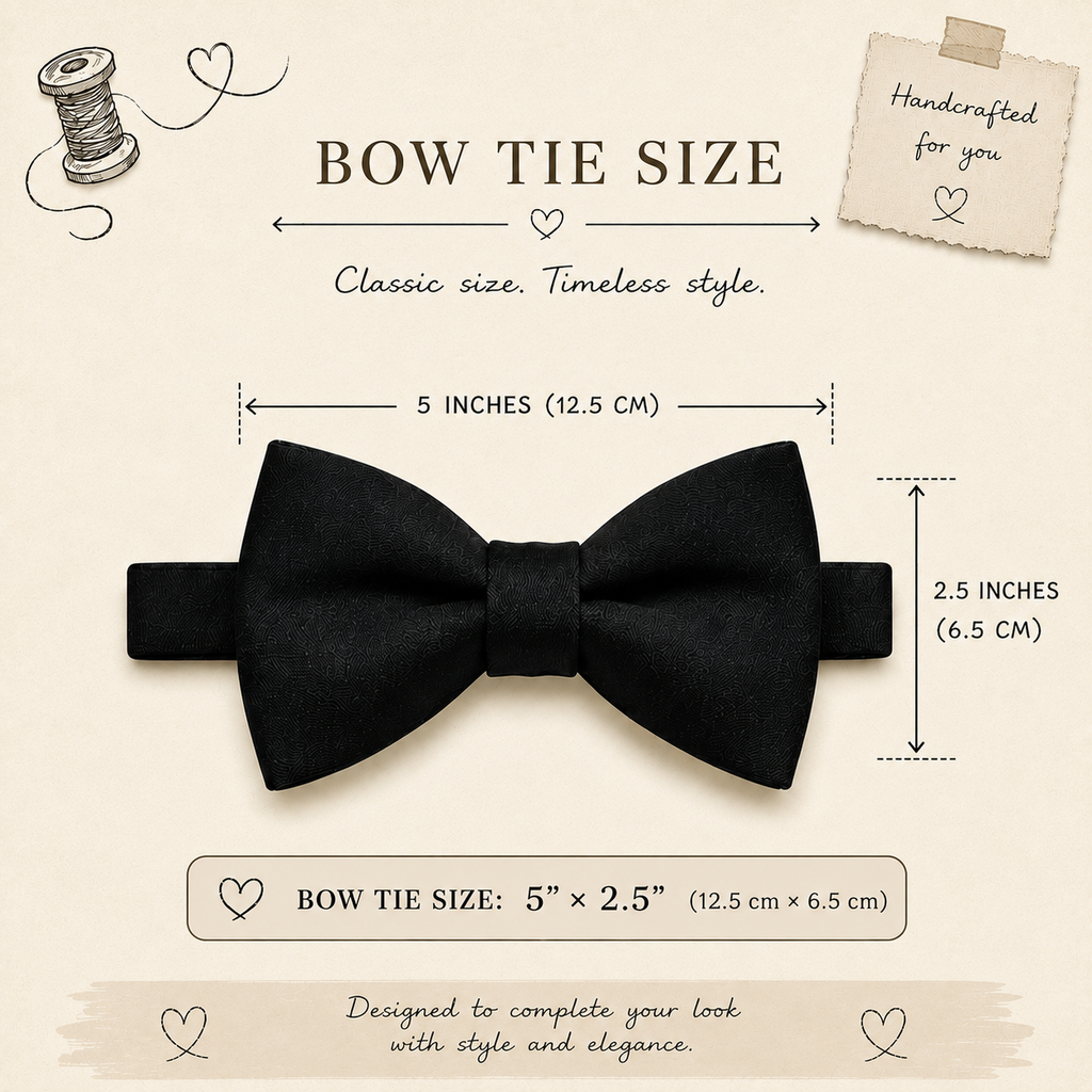 Bow tie size — one classic adult size, 5 inches × 2.5 inches